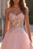 Pink Strapless Floral Sequins A Line Maxi Prom Dress