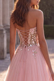 Pink Strapless Floral Sequins A Line Maxi Prom Dress
