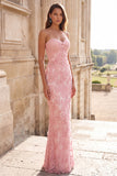 Strapless Floral Mermaid Pink Maxi Prom Dress With Pearls