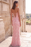 Strapless Floral Mermaid Pink Maxi Prom Dress With Pearls