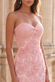 Strapless Floral Mermaid Pink Maxi Prom Dress With Pearls
