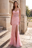 Mermaid Sheer Corset Pink Floral Beaded Maxi Prom Dress