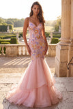 Mermaid Pink Floral Beaded Tiered Spaghetti Straps Maxi Prom Dress
