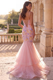 Mermaid Pink Floral Beaded Tiered Spaghetti Straps Maxi Prom Dress