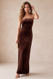 Strapless Sheath Coffee Velvet Maxi Holiday Party Dress