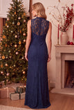 Dark Blue Sheath High Neck Lace Maxi Holiday Party Dress