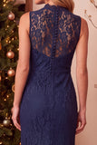 Dark Blue Sheath High Neck Lace Maxi Holiday Party Dress