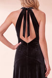 A-Line Halter Royal Blue Velvet Long Holiday Party Dress