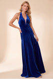 A-Line Halter Royal Blue Velvet Long Holiday Party Dress
