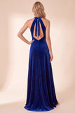 A-Line Halter Royal Blue Velvet Long Holiday Party Dress