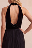 Halter A-Line Velvet Black Pleated Long Formal Dress