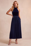 Halter A-Line Velvet Black Pleated Long Formal Dress