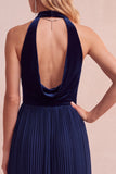 Halter A-Line Velvet Black Pleated Long Formal Dress