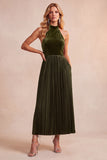 Halter A-Line Velvet Black Pleated Long Formal Dress