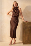 Halter Olive Sheath Draped Satin Midi Wedding Guest Dress