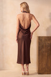 Halter Olive Sheath Draped Satin Midi Wedding Guest Dress