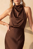 Halter Olive Sheath Draped Satin Midi Wedding Guest Dress