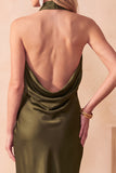Halter Olive Sheath Draped Satin Midi Wedding Guest Dress