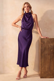 Halter Olive Sheath Draped Satin Midi Wedding Guest Dress