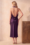 Halter Olive Sheath Draped Satin Midi Wedding Guest Dress