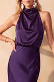 Halter Olive Sheath Draped Satin Midi Wedding Guest Dress