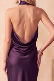 Halter Olive Sheath Draped Satin Midi Wedding Guest Dress