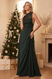 A-Line High Neck Green Lace Long Holiday Party Dress
