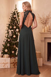 A-Line High Neck Green Lace Long Holiday Party Dress