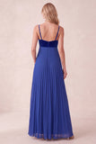 A-Line Pleated Royal Blue Spaghetti Straps Long Holiday Party Dress
