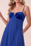 A-Line Pleated Royal Blue Spaghetti Straps Long Holiday Party Dress