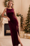 Velvet Sheath Burgundy Boat Neck Long Formal Dress with Slit
