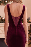 Velvet Sheath Burgundy Boat Neck Long Formal Dress with Slit