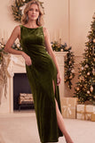 Velvet Sheath Burgundy Boat Neck Long Formal Dress with Slit