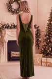 Velvet Sheath Burgundy Boat Neck Long Formal Dress with Slit