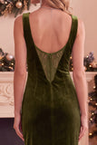Velvet Sheath Burgundy Boat Neck Long Formal Dress with Slit
