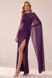 Bateau Neck Sheath Purple Maxi Formal Dress With Cape