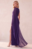 Bateau Neck Sheath Purple Maxi Formal Dress With Cape