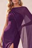 Bateau Neck Sheath Purple Maxi Formal Dress With Cape