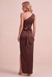 One Shoulder Sheath Navy Ruched Maxi Formal Dress With Sash