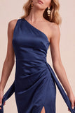 One Shoulder Sheath Navy Ruched Maxi Formal Dress With Sash