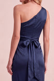 One Shoulder Sheath Navy Ruched Maxi Formal Dress With Sash