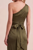 One Shoulder Sheath Navy Ruched Maxi Formal Dress With Sash