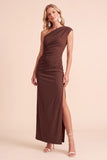 One Shoulder Coffee Sheath Ruched Maxi Formal Dress With Slit