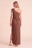 One Shoulder Coffee Sheath Ruched Maxi Formal Dress With Slit