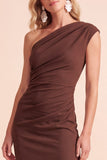 One Shoulder Coffee Sheath Ruched Maxi Formal Dress With Slit