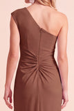 One Shoulder Coffee Sheath Ruched Maxi Formal Dress With Slit