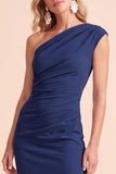 One Shoulder Coffee Sheath Ruched Maxi Formal Dress With Slit
