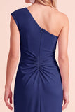 One Shoulder Coffee Sheath Ruched Maxi Formal Dress With Slit