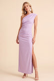 One Shoulder Coffee Sheath Ruched Maxi Formal Dress With Slit