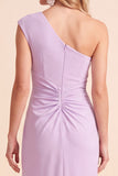 One Shoulder Coffee Sheath Ruched Maxi Formal Dress With Slit